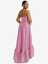 Rear View Thumbnail - Powder Pink Strapless Deep Ruffle Hem Satin High Low Dress with Pockets