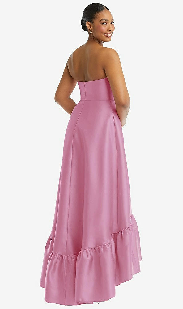 Back View - Powder Pink Strapless Deep Ruffle Hem Satin High Low Dress with Pockets