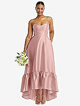 Front View Thumbnail - Rose Strapless Deep Ruffle Hem Satin High Low Dress with Pockets