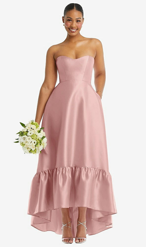 Front View - Rose Strapless Deep Ruffle Hem Satin High Low Dress with Pockets