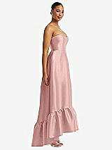 Side View Thumbnail - Rose Strapless Deep Ruffle Hem Satin High Low Dress with Pockets