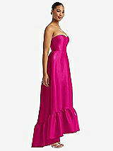 Side View Thumbnail - Think Pink Strapless Deep Ruffle Hem Satin High Low Dress with Pockets