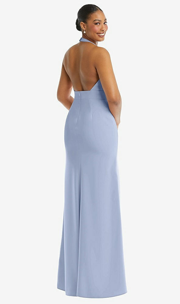 Back View - Sky Blue Plunge Neck Halter Backless Trumpet Gown with Front Slit