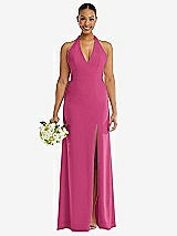 Alt View 2 Thumbnail - Tea Rose Plunge Neck Halter Backless Trumpet Gown with Front Slit