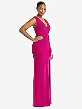 Side View Thumbnail - Think Pink Deep V-Neck Closed Back Crepe Trumpet Gown with Front Slit