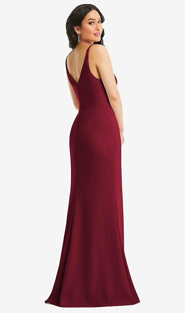 Back View - Burgundy Skinny Strap Deep V-Neck Crepe Trumpet Gown with Front Slit