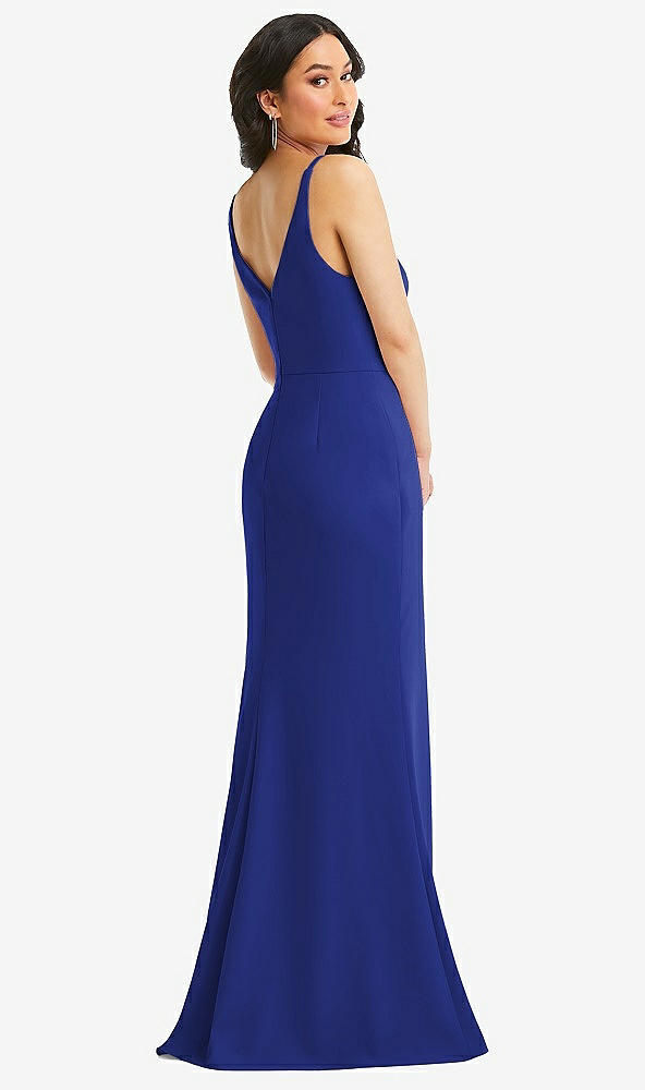 Back View - Cobalt Blue Skinny Strap Deep V-Neck Crepe Trumpet Gown with Front Slit