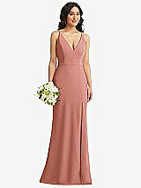 Alt View 1 Thumbnail - Desert Rose Skinny Strap Deep V-Neck Crepe Trumpet Gown with Front Slit