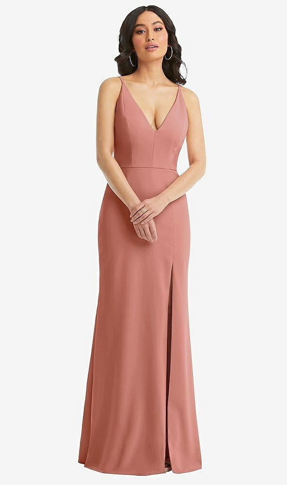 Front View - Desert Rose Skinny Strap Deep V-Neck Crepe Trumpet Gown with Front Slit