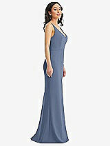 Side View Thumbnail - Larkspur Blue Skinny Strap Deep V-Neck Crepe Trumpet Gown with Front Slit