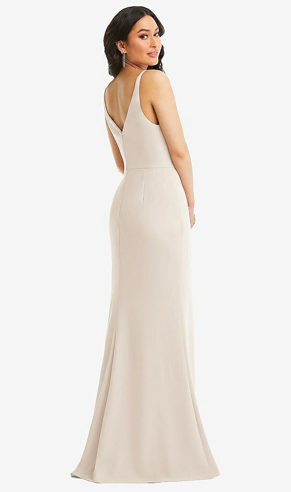 Back View - Oat Skinny Strap Deep V-Neck Crepe Trumpet Gown with Front Slit