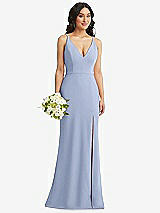 Alt View 1 Thumbnail - Sky Blue Skinny Strap Deep V-Neck Crepe Trumpet Gown with Front Slit