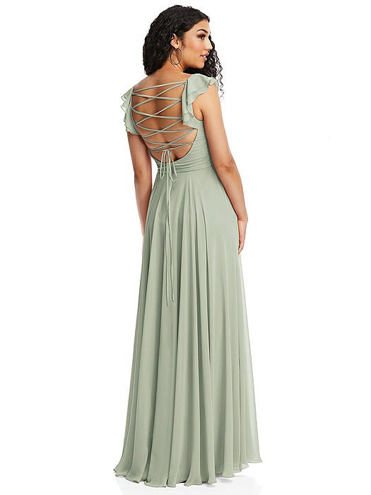 Shirred Cross Bodice Lace Up Open-Back Maxi Dress with Flutter Sleeves