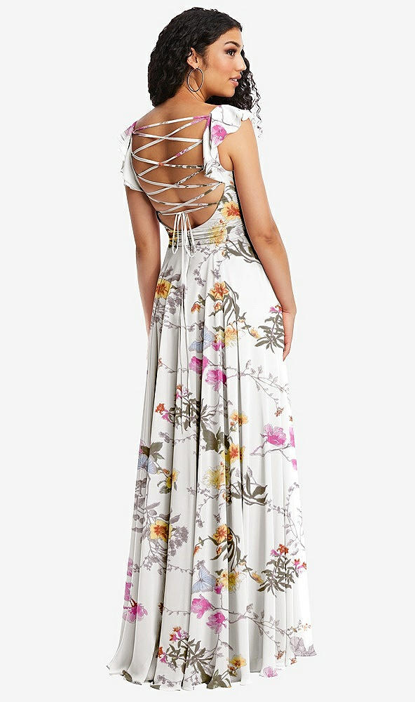 Front View - Butterfly Botanica Ivory Shirred Cross Bodice Lace Up Open-Back Maxi Dress with Flutter Sleeves