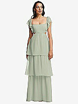 Front View Thumbnail - Celadon Flutter Sleeve Cutout Tie-Back Maxi Dress with Tiered Ruffle Skirt