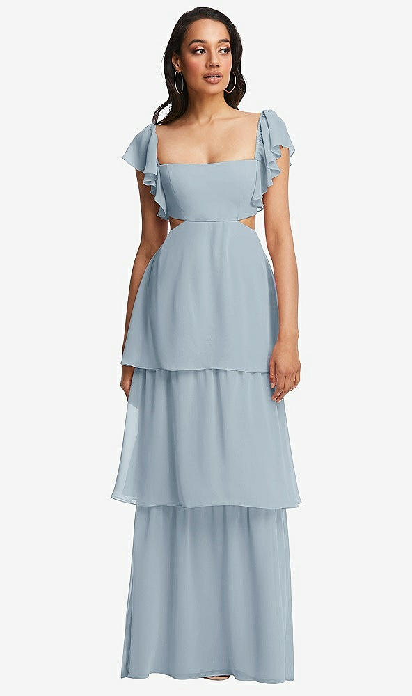 Front View - Mist Flutter Sleeve Cutout Tie-Back Maxi Dress with Tiered Ruffle Skirt