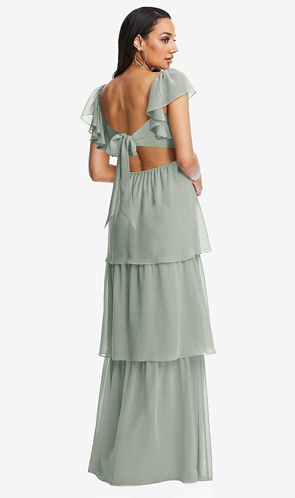 Back View - Willow Green Flutter Sleeve Cutout Tie-Back Maxi Dress with Tiered Ruffle Skirt