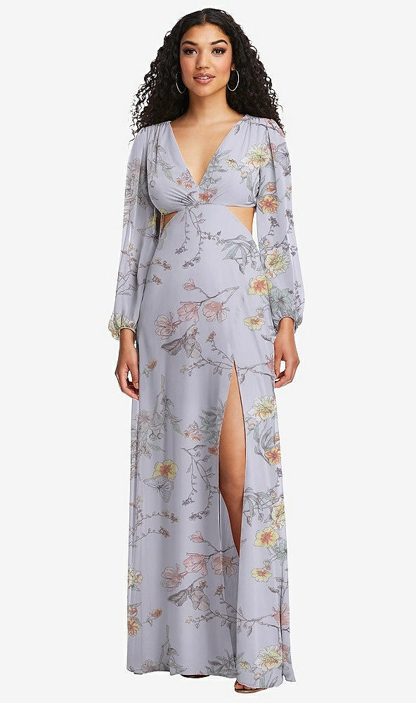 Front View - Butterfly Botanica Silver Dove Long Puff Sleeve Cutout Waist Chiffon Maxi Dress 