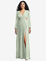 Front View Thumbnail - Vintage Primrose Sage Long Puff Sleeve Cutout Waist Chiffon Maxi Dress 