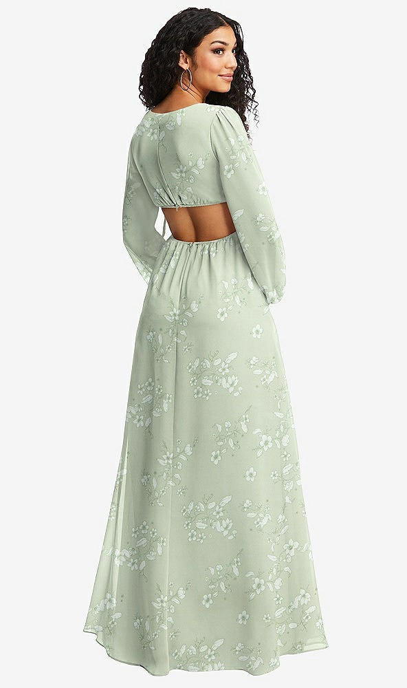 Back View - Vintage Primrose Sage Long Puff Sleeve Cutout Waist Chiffon Maxi Dress 