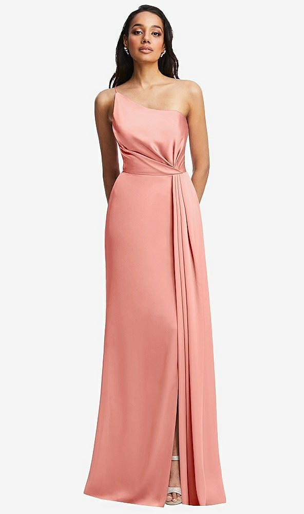 Front View - Rose One-Shoulder Draped Skirt Satin Trumpet Gown