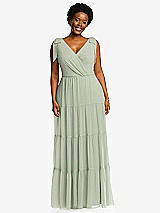 Alt View 1 Thumbnail - Celadon Bow-Shoulder Faux Wrap Maxi Dress with Tiered Skirt