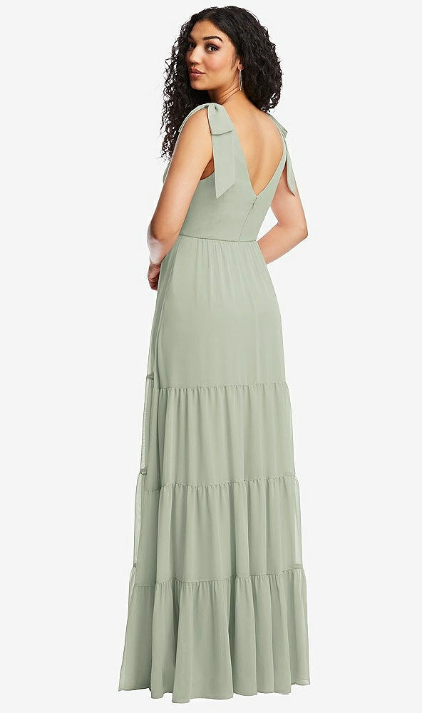 Back View - Celadon Bow-Shoulder Faux Wrap Maxi Dress with Tiered Skirt