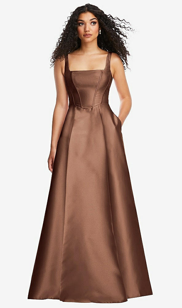 boned corset closed-back satin gown with full skirt and pockets