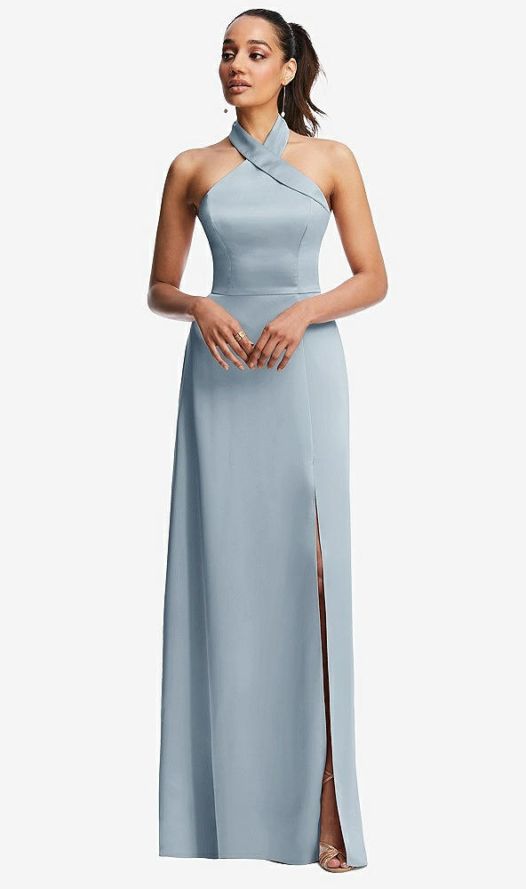 Front View - Mist Shawl Collar Open-Back Halter Maxi Dress with Pockets