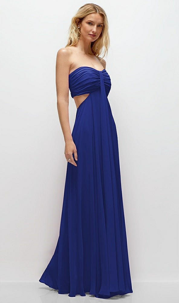 Back View - Cobalt Blue Strapless Empire Waist Cutout Maxi Dress with Covered Button Detail