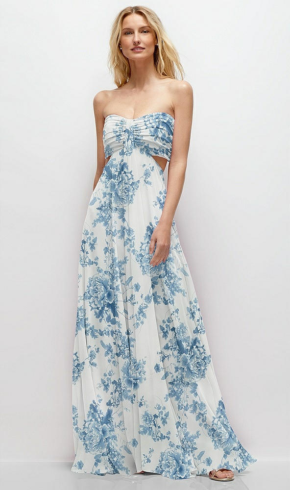 Front View - Cottage Rose Dusk Blue Strapless Empire Waist Cutout Maxi Dress with Covered Button Detail