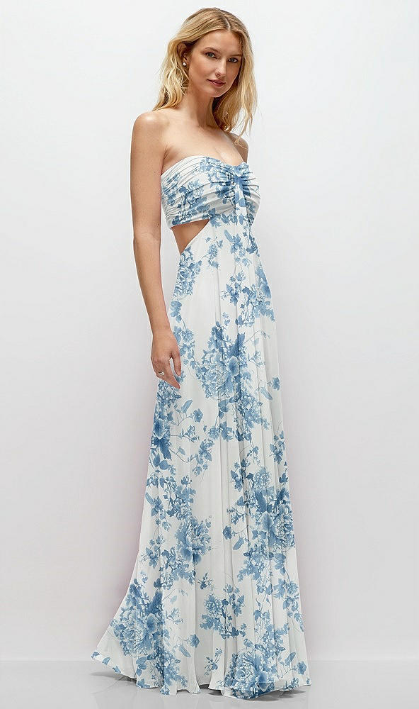 Back View - Cottage Rose Dusk Blue Strapless Empire Waist Cutout Maxi Dress with Covered Button Detail