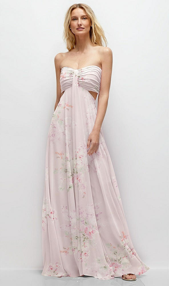 Front View - Watercolor Print Strapless Empire Waist Cutout Maxi Dress with Covered Button Detail