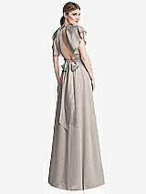 Rear View Thumbnail - Taupe Shirred Stand Collar Flutter Sleeve Open-Back Maxi Dress with Sash