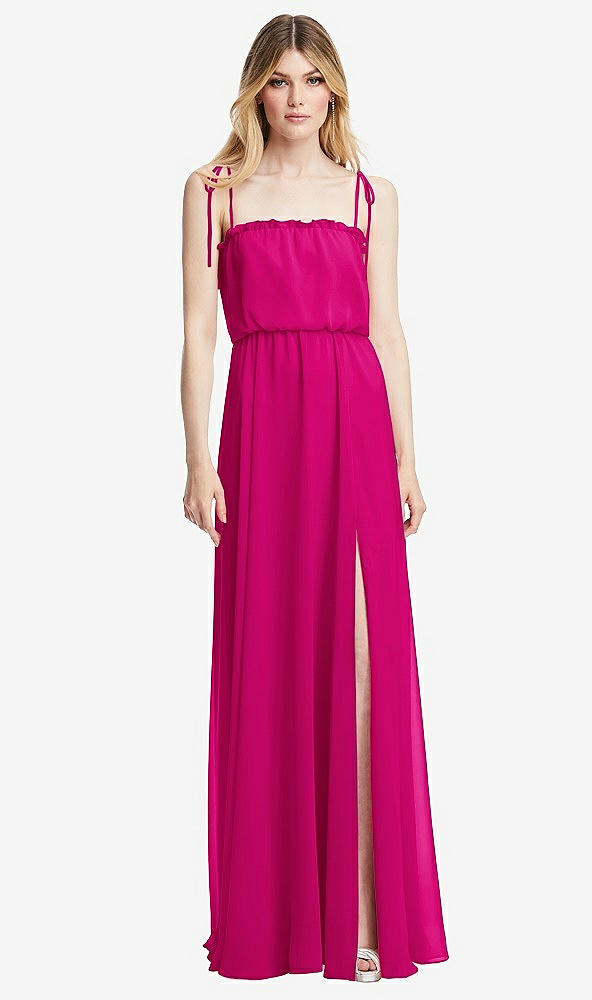 Front View - Think Pink Skinny Tie-Shoulder Ruffle-Trimmed Blouson Maxi Dress