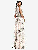 Rear View Thumbnail - Blush Garden Shirred Deep Plunge Neck Closed Back Chiffon Maxi Dress 