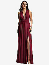 Front View Thumbnail - Burgundy Shirred Deep Plunge Neck Closed Back Chiffon Maxi Dress 