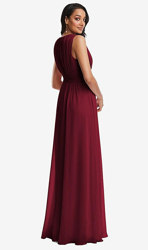 Back View - Burgundy Shirred Deep Plunge Neck Closed Back Chiffon Maxi Dress 