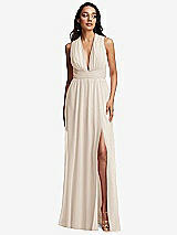 Front View Thumbnail - Oat Shirred Deep Plunge Neck Closed Back Chiffon Maxi Dress 