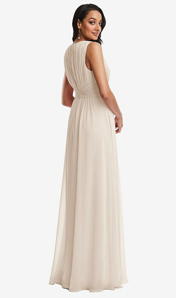 Back View - Oat Shirred Deep Plunge Neck Closed Back Chiffon Maxi Dress 