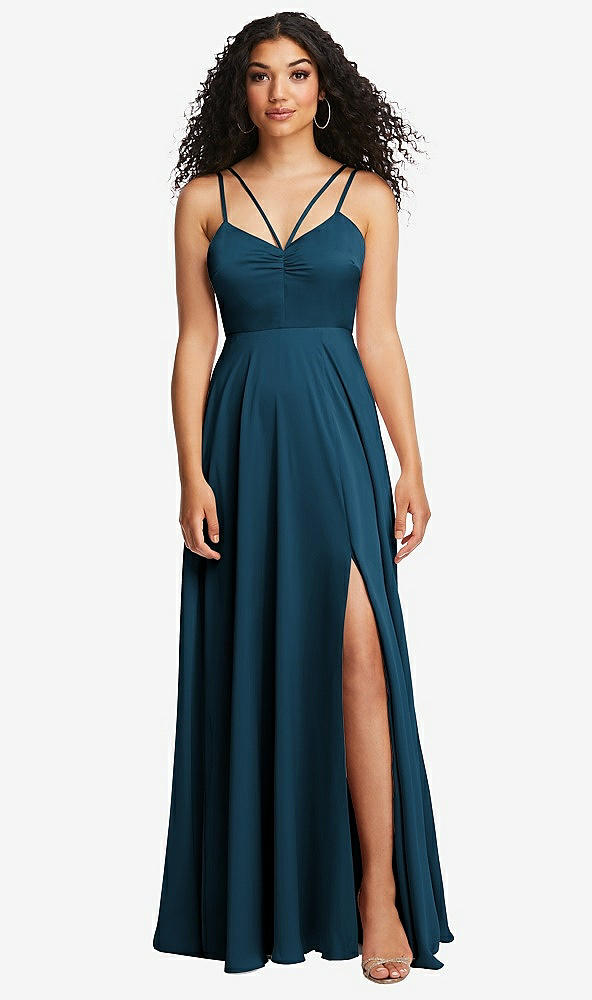 Front View - Atlantic Blue Dual Strap V-Neck Lace-Up Open-Back Maxi Dress