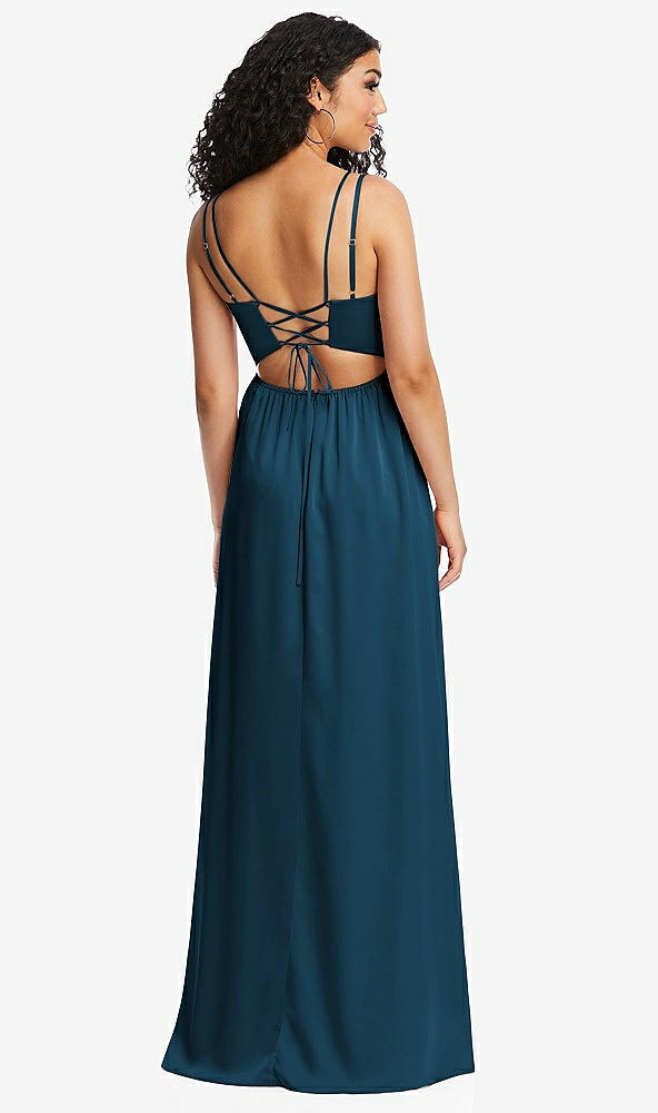 Back View - Atlantic Blue Dual Strap V-Neck Lace-Up Open-Back Maxi Dress