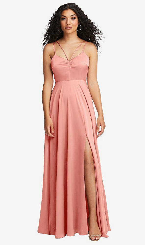 Front View - Rose Dual Strap V-Neck Lace-Up Open-Back Maxi Dress