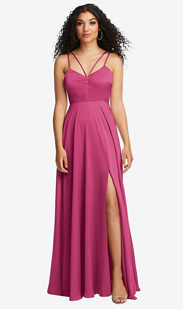 Front View - Tea Rose Dual Strap V-Neck Lace-Up Open-Back Maxi Dress