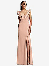 Front View Thumbnail - Pale Peach Ruffle-Trimmed Neckline Cutout Tie-Back Trumpet Gown