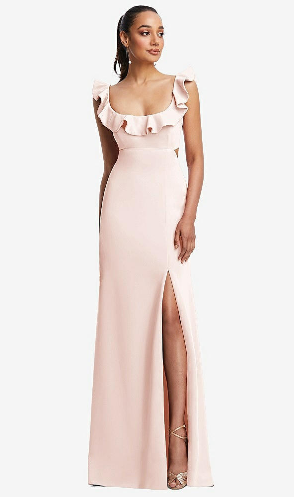 Front View - Blush Ruffle-Trimmed Neckline Cutout Tie-Back Trumpet Gown