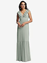 Front View Thumbnail - Willow Green Tiered Ruffle Plunge Neck Open-Back Maxi Dress with Deep Ruffle Skirt