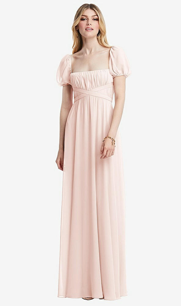 Front View - Blush Regency Empire Waist Puff Sleeve Chiffon Maxi Dress