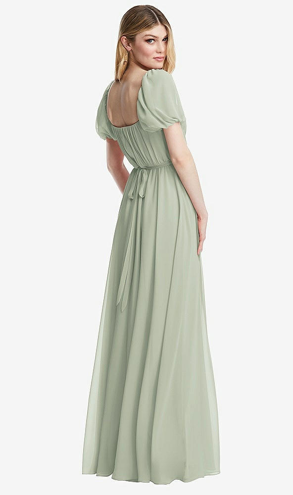 Back View - Celadon Regency Empire Waist Puff Sleeve Chiffon Maxi Dress