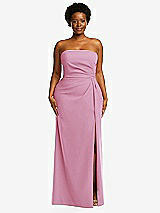 Front View Thumbnail - Powder Pink Strapless Pleated Faux Wrap Trumpet Gown with Front Slit